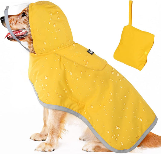 Dog Raincoat, Dog Rain Jacket with Clear Hooded Double Layer for Large Medium Small Dogs Puppies, Adjustable Waterproof Dog Rain Coat Poncho with Reflective Rim & Storage Pocket (L, Yellow)